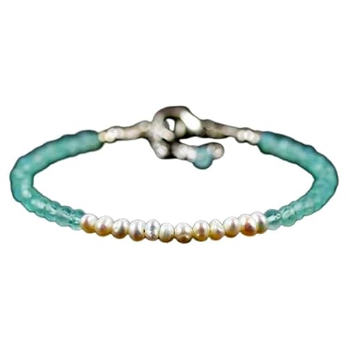 OPAL_WORLD Armband aus Aquamarin-Chalcedon und 3,5 mm Süßwasserperle, runde Form, facettierte Perlen und glatter Schliff, verstellbarer versilberter Verschluss 18 cm. | LBRC_OW_06931 von OPAL_WORLD