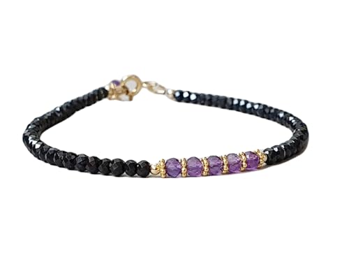 OPAL_WORLD Armband aus schwarzem Amethyst und Spinell, 3,5 – 4 mm, mit facettierten runden Perlen und vergoldetem Verschluss 18 cm. | LBRC_OW_06692 von OPAL_WORLD