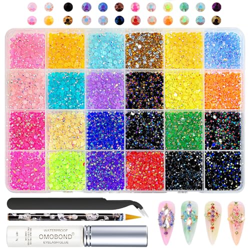 24 Farbe Strasssteine für Nägel,Regenbogenfarben Strasssteinen Set ,Nailart Strasssteine,mit Kurzer Klebestift und Diamantkleber und Pinzette für Nagel Dekorationen Nageldesign DIY Nägel Handwerk von OPEIXSAYKOC
