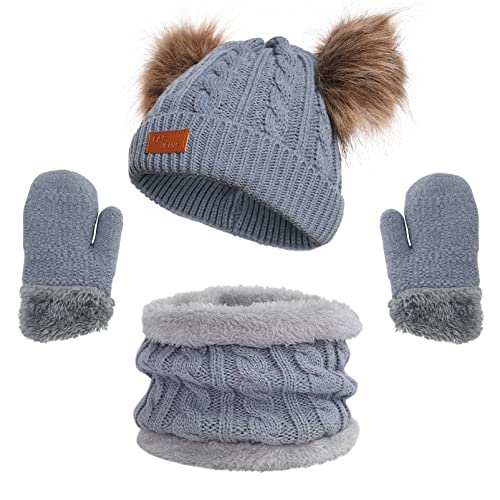 OPEIXSAYKOC Mütze und Halstuch Baby Set,Kinder Wintermütze Schal Handschuhe,Bommel Beanie Strickmütze Schalmütze,Schal Mütze und Handschuhe,Mädchen Jungen Warm Fellbommel Beanie Hüte für 3-8 Jahre von OPEIXSAYKOC