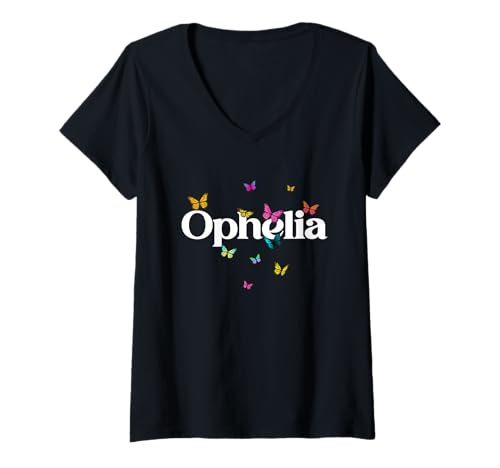 Damen Ophelia - Schöner Mädchen Name mit bunten Schmetterlingen T-Shirt mit V-Ausschnitt Damen Ophelia - Schöner Mädchen Name mit bunten Schmetterlingen T-Shirt mit V-Ausschnitt von OPHELIA Tochter Enkel Geburtstag Geschenkideen