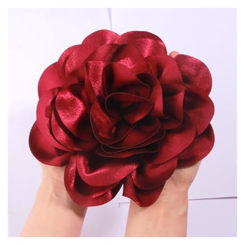 Haarspange Mit Rosenblume 19CM Große Handgemachte Satin Blumen Headwear Catwalk-Bühne Leistung Haarnadel(Burgundy,With no brooch) von OPIGJUFD