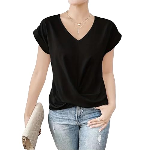 Damen-Oberteile Kurzärmelig Lässig Blusen T-Shirts Twist-Knoten-Passform V-Ausschnitt Bequem Einfarbig(Black,X-Large) von OPITUN