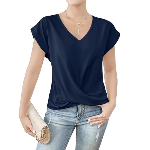 Damen-Oberteile Kurzärmelig Lässig Blusen T-Shirts Twist-Knoten-Passform V-Ausschnitt Bequem Einfarbig(Blue,X-Large) von OPITUN
