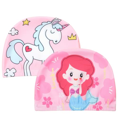 2 Stück Badekappe kinder, Badekappe für Kinder von Mädchen im Alter für 1-8 Jahren, Badekappe Elastisches Polyester Badekappe mit niedlichen Mustern von OPIURVY
