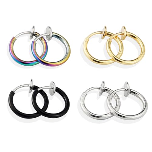 4 Paar Chirurgenstahl Clip auf Nicht durchbohrt Hoops Kreis gefälschte Nase Lip Ohrringe Piercing,gefälschte Creolen, keine durchbohrten, Nasen-Lippen-Ohrstecker, Edelstahl-Mädchen-Fälschungs-Ohrringe von OPIURVY