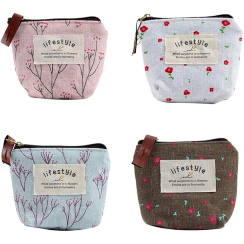 4 Stück Geldbeutel Mini,Kleines Portemonnaie Damen,Täschchen mit Reißverschluss,Kosmetiktasche,Mini Geldbörse Damen Canvas Münzgeldbeutel mit Reißverschluss und Muster, für Münzen, Karten, Schlüssel von OPIURVY