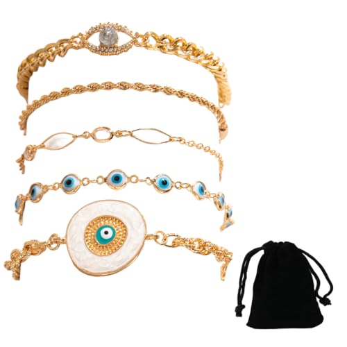 5 Pcs Armband Damen Edelstahl Ketten Armbänder Set Armbänder Gold Armband Set Verstellbare Stapelbare Kettenarmband für Damen Mädchen (Evil eye) von OPIURVY