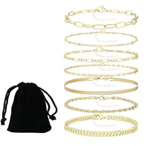 7 Pcs Armband Damen Edelstahl Ketten Armbänder Set Armbänder 14K Vergoldet Armband Set Verstellbare Stapelbare Kettenarmband für Damen Mädchen von OPIURVY