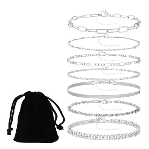 7 Pcs Armband Damen Edelstahl Ketten Armbänder Set Armbänder Sliver Armband Set Verstellbare Stapelbare Kettenarmband für Damen Mädchen von OPIURVY