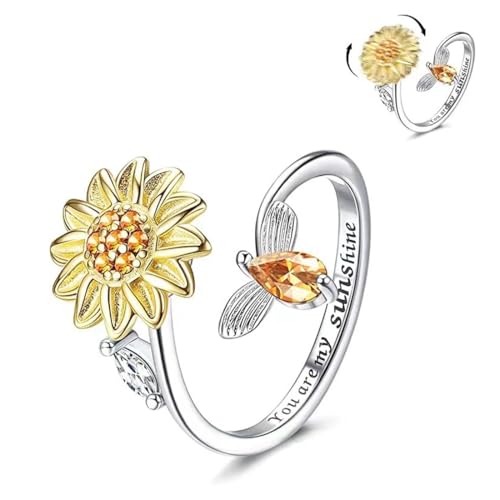 Silber Anxiety Ringe für Damen Sonnenblume Fidget Ring Achtsamkeitsring Angst Ring Spinner Ringe Verstellbare Offene Anti Stress Ring für Damen von OPIURVY