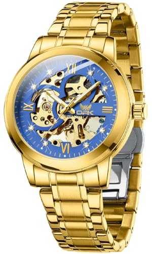 OPK Herren-Armbanduhr, automatisch, mechanisch, selbstaufziehend, Skelett, luxuriös, Diamant-Uhr, Edelstahl, wasserdicht, leuchtend, G8165: Goldfarbenes Armband und blaues Zifferblatt, Luxuriös von OPK
