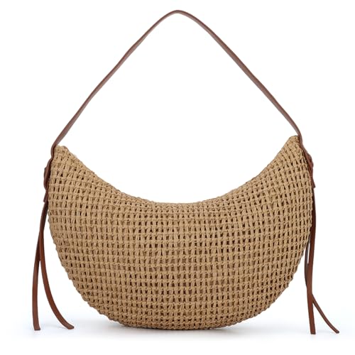 OPLERT Stroh Umhängetasche für Frauen Raffia Woven Tote Handtasche Sommer Strand Handtasche Trendy Crescent Bag von OPLERT