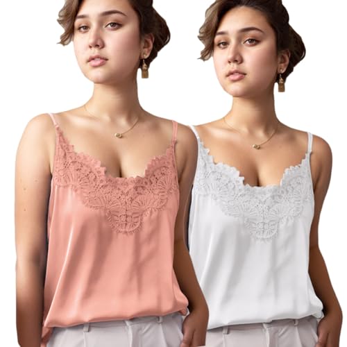 OPLKENR Seiden-Satin-Tanks für Damen, Spitze, V-Ausschnitt, Camisole Spaghettiträger, Tank-Top, Sommer, Basic-Bluse, Rosa/Weiß, Mittel OPLKENR Seiden-Satin-Tanks für Damen, Spitze, V-Ausschnitt, Camisole Spaghettiträger, Tank-Top, Sommer, Basic-Bluse, Rosa/Weiß, Mittel von OPLKENR