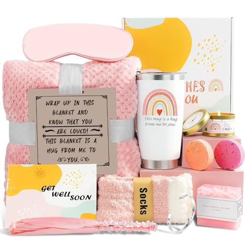Get Well Soon Geschenke für Frauen, 12 Stück Pflegepaket, Geschenkkorb für kranke Freunde nach Operationen, fühlen Sie sich besser selbstpflegendes Geschenk, Mutter, sie mit rosa Decke Get Well Soon Geschenke für Frauen, 12 Stück Pflegepaket, Geschenkkorb für kranke Freunde nach Operationen, fühlen Sie sich besser selbstpflegendes Geschenk, Mutter, sie mit rosa Decke von OPOWIS