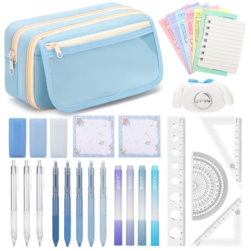 OPPZZIT 30 Stück Aesthetic Schreibwaren Set für Kinder & Teenager Mädchen, Blauem Federmäppchen mit 5 Gelstiften, 4 Textmarkern, 3 Druckbleistiften, Schreibwaren Set & Kawaii Schulbedarf Mädchen von OPPZZIT