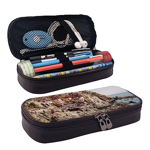 Coastal Village Print Bleistift Fall Leder Bleistift Beutel Große Kapazität Stift Tasche Mit Doppeltem Reißverschluss Für Büro, Schwarz , Einheitsgröße von OPSREY