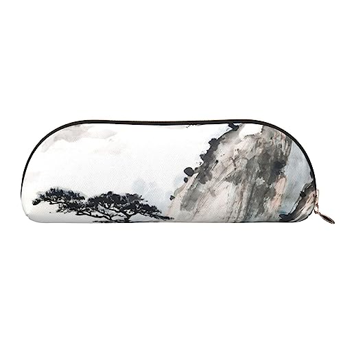 Foggy Mountain Pine Tree Print Pencil Case Pen Pouch Leather Waterproof Zipper Pencil Bag For Office Travel, gold, Einheitsgröße, Halbrund von OPSREY