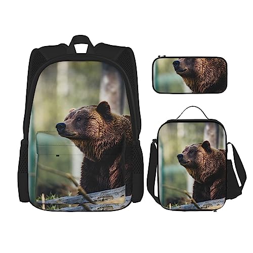 Grizzly Rucksack mit Bären-Aufdruck, große Kapazität, Reise-Tagesrucksack mit Lunchtasche und Federmäppchen, 3-in-1 für Damen und Herren, Schwarz, Einheitsgröße, Tagesrucksäcke, Schwarz , von OPSREY