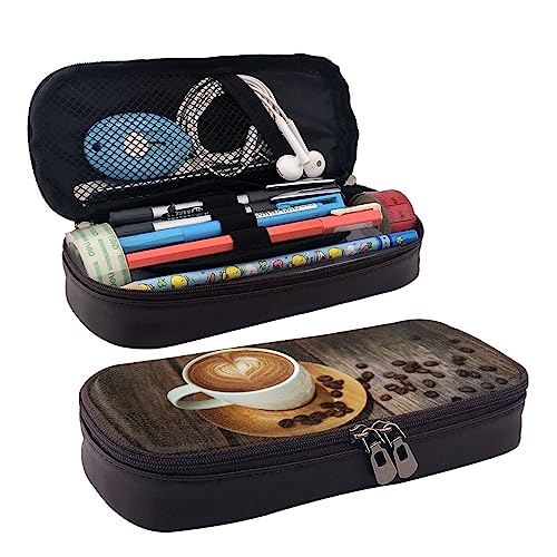 Kaffee mit Herz-Muster-Druck-Bleistift-Kasten-Leder-Federmäppchen-große Kapazitäts-Stift-Tasche mit doppeltem Reißverschluss für Büro, Schwarz , Einheitsgröße von OPSREY