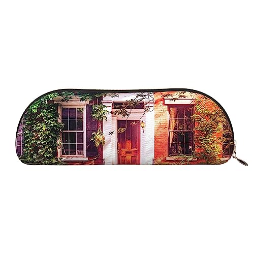 Leafy Townhouses Print Bleistift Fall Stift Tasche Leder Wasserdicht Reißverschluss Bleistift Tasche Für Büro Reisen, gold, Einheitsgröße, Halbrund von OPSREY