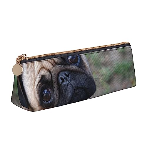 Mops Hund Drucken Leder Bleistift Fall Stift Beutel Dreieck Tragbare Bleistift Tasche Mit Reißverschluss Für Büro, weiß, Einheitsgröße von OPSREY