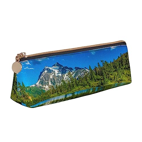 Mountain Reflection in Lake Print Leder Bleistift Fall Stift Tasche Dreieck Wasserdicht Bleistift Beutel mit Reißverschluss für Büro, weiß, Einheitsgröße, Münzbeutel von OPSREY