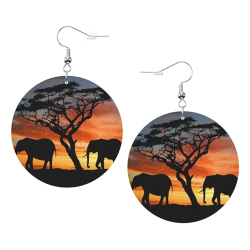 OPSREY Afrikanischer Elefant gedruckt Mode Leder Ohrringe Drapiert Haken Ohrringe Runde geformte Ohrringe, Einheitsgröße, Kunstleder von OPSREY