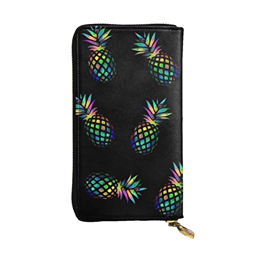 OPSREY Ananas (14) Druck Lange Brieftasche Leder Frauen Reißverschluss Rund Geldbörse Clutch Tasche Reise Kartenhalter Geldbörse, Schwarz, Einheitsgröße, Schwarz , Einheitsgröße von OPSREY