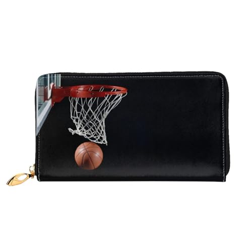 OPSREY Blaue Musiknoten bedruckte Geldbörse aus echtem Leder für Herren und Damen, lange Clutch, tragbar, mit Reißverschluss, Basketball, Einheitsgröße von OPSREY