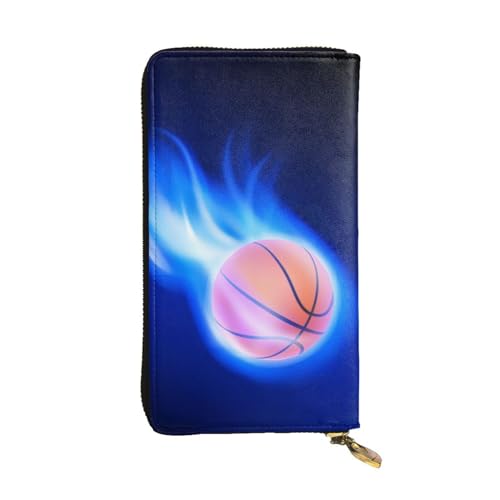 OPSREY Blaue Musiknoten bedruckte Leder lange Clutch Geldbörse tragbar Reißverschluss Geldbörse echtes Leder Geldbörse, Blue Fire Basketball Ball, Einheitsgröße von OPSREY