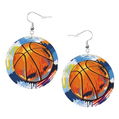 OPSREY Bunte Basketball-Ohrringe mit Skizzen-Motiv, bedruckt, für Damen, Leder, rund, leicht, baumelnd, Einheitsgröße, Kunstleder von OPSREY