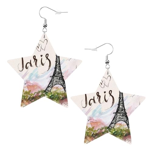 OPSREY Eiffelturm gedruckt Damen Leder Ohrringe Stern Ohrringe Leichte Baumeln Ohrringe, Einheitsgröße, Kunstleder von OPSREY