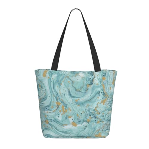 OPSREY Einkaufstasche mit Gänseblümchen-Motiv, bedruckt, lässige Umhängetasche, Aufbewahrungstasche, Azurit Blaugrün und Folie Gold Öl Marmor Muster, Einheitsgröße von OPSREY
