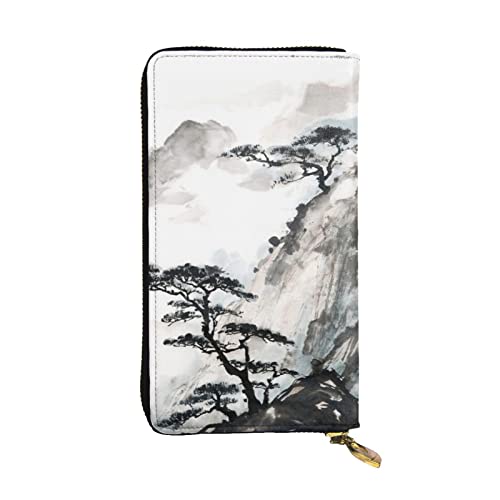 OPSREY Foggy Mountain Pine Tree Print Lange Geldbörse Leder Frauen Reißverschluss Rund Geldbörse Clutch Tasche Reise Kartenhalter Geldbörse, Schwarz, Einheitsgröße, Schwarz , Einheitsgröße von OPSREY