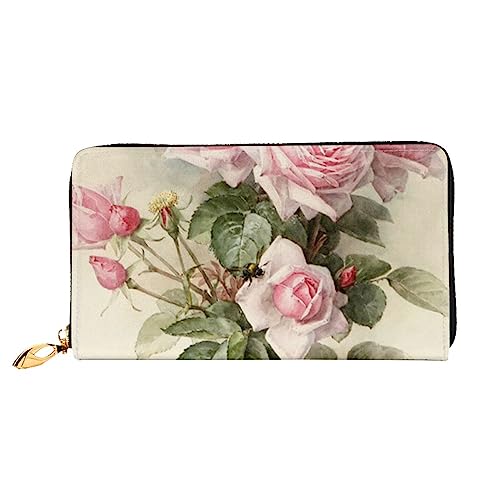 OPSREY Frühling Gänseblümchen Blumen Gedruckt Lange Echtes Leder Brieftasche Münze Geldbörse Kupplung Brieftasche Reißverschluss Karte Lagerung Tasche, Rosa Vintage Rose, Einheitsgröße von OPSREY