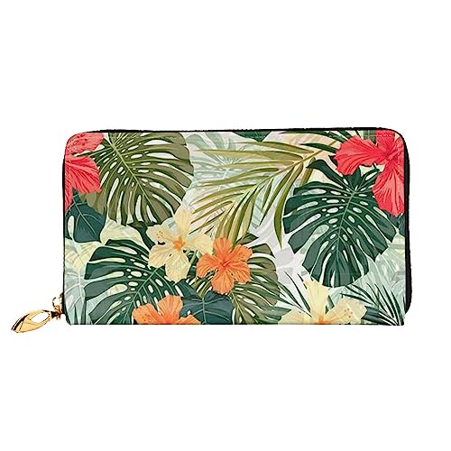 OPSREY Frühling Gänseblümchen Blumen Gedruckt Lange Echtes Leder Brieftasche Münze Geldbörse Kupplung Brieftasche Reißverschluss Karte Lagerung Tasche, Vegetationsblätter mit Hibiskusblüten, von OPSREY