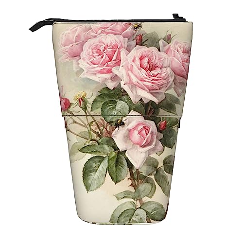 OPSREY Frühling Gänseblümchen Blumen Gedruckt Vertikale Bleistift Fall Retractable Bleistift Tasche Tragbare Schreibwaren Tasche, Rosa Vintage Rose, Einheitsgröße, Münzbeutel von OPSREY