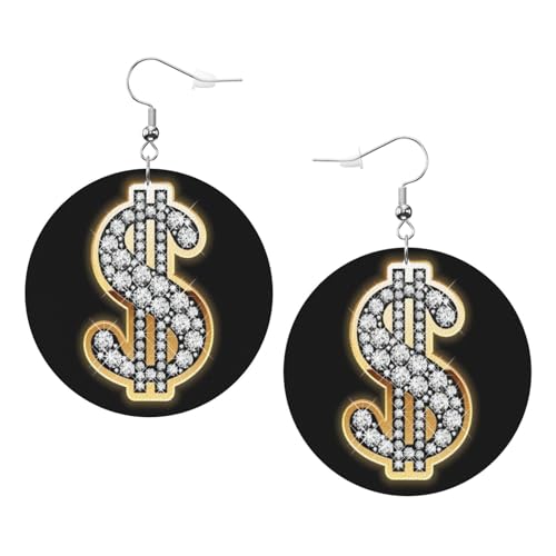 OPSREY Gold Dollar Zeichen gedruckt Mode Leder Ohrringe Drapiert Haken Ohrringe runde geformte Ohrringe, Einheitsgröße, Kunstleder von OPSREY