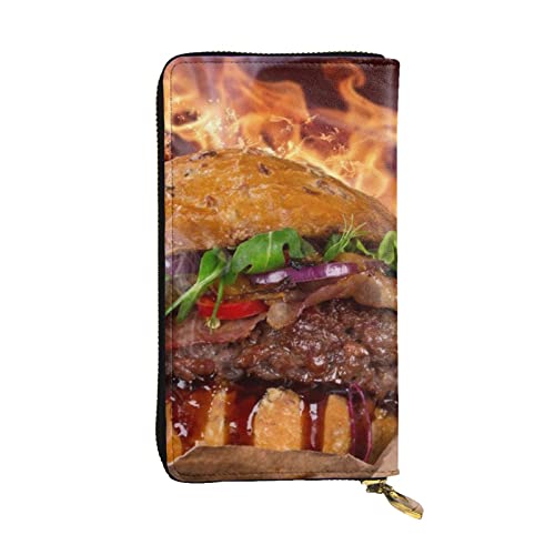 OPSREY Hamburger Steak Fast Food Print Lange Geldbörse Leder Frauen Reißverschluss Rund Geldbörse Clutch Tasche Reise Kartenhalter Geldbörse, Schwarz, Einheitsgröße, Schwarz , Einheitsgröße von OPSREY