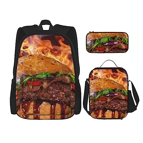 OPSREY Hamburger Steak Fast Food Print Rucksack Große Kapazität Reise Daypack Mit Lunchtasche Und Federmäppchen 3 In 1 Für Damen Herren, Schwarz, Einheitsgröße, Schwarz , Einheitsgröße von OPSREY