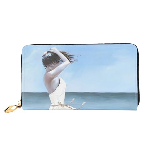 OPSREY Hammerhead Sharks Printed Echtes Leder Geldbörse Herren und Damen Lange Clutch Tragbar Reißverschluss Geldbörse, Mädchen an einem windigen Strand, Einheitsgröße von OPSREY