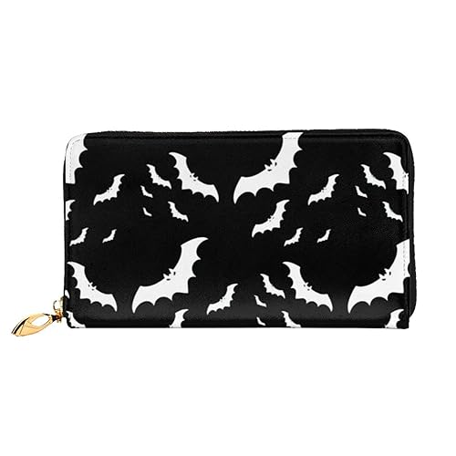 OPSREY I Love French Bulldog bedruckte Geldbörse aus echtem Leder für Herren und Damen, lange Clutch, tragbar, mit Reißverschluss, Fliegende Fledermäuse für Halloween, Einheitsgröße von OPSREY