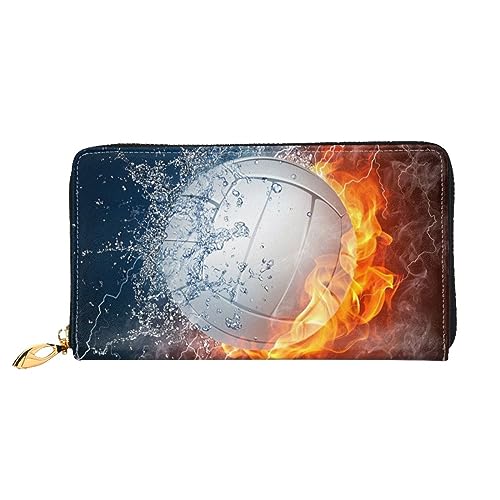 OPSREY Lächeln Rosa Schwein Gedruckt Lange Echtes Leder Geldbörse Geldbörse Clutch Brieftasche Reißverschluss Karte Lagerung Tasche, Ice and Fire Volleyball, Einheitsgröße von OPSREY