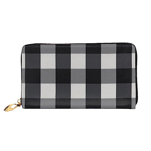 OPSREY Lächeln Rosa Schwein Gedruckt Lange Echtes Leder Geldbörse Geldbörse Clutch Brieftasche Reißverschluss Karte Lagerung Tasche, Schwarz-Weiß-kariert, Einheitsgröße von OPSREY