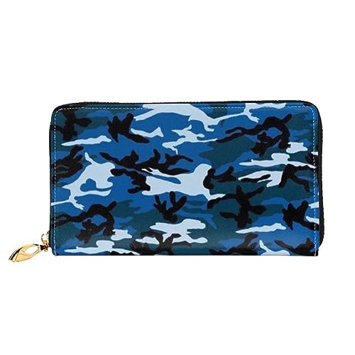 OPSREY Lächeln Rosa Schwein Gedruckt Lange Echtes Leder Geldbörse Geldbörse Clutch Brieftasche Reißverschluss Karte Lagerung Tasche, blau camouflage, Einheitsgröße von OPSREY