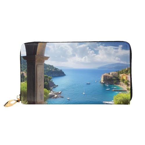 OPSREY Lange Clutch aus Leder, Motiv: Berg, Ozean, bedruckt, Damen, Reisebrieftasche, Kreditkartenetui, Mediterrane Aussicht, Einheitsgröße von OPSREY