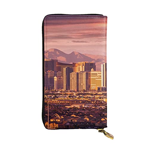 OPSREY Las Vegas Sunset Print Lange Geldbörse Leder Frauen Reißverschluss Rund Geldbörse Clutch Tasche Reise Kartenhalter Geldbörse, Schwarz, Einheitsgröße, Schwarz , Einheitsgröße von OPSREY