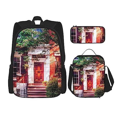 OPSREY Leafy Townhouses Print Rucksack Große Kapazität Reise Daypack Mit Lunchtasche Und Federmäppchen 3 In 1 Für Damen Herren, Schwarz, Einheitsgröße, Schwarz , Einheitsgröße von OPSREY