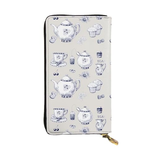 OPSREY Loon Birds Printed Leather Long Clutch Wallet Portable Zip Wallet Genuine Leather Purse, Handgezeichnete Teekannen und Becher, Einheitsgröße von OPSREY